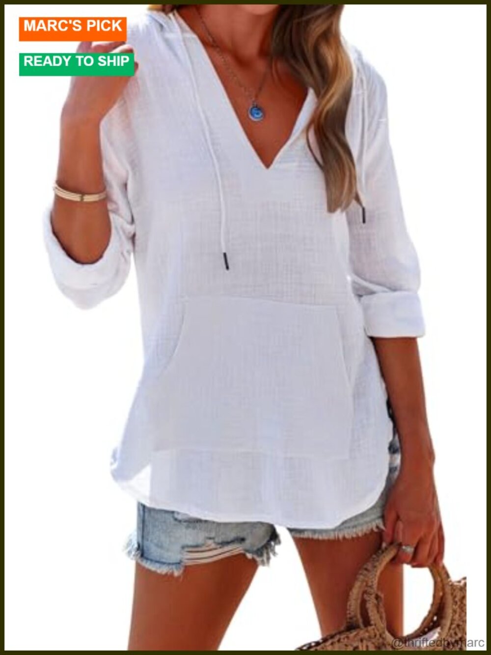 Women's Cotton Beach Cover Up Hoodie Long Sleeve V Neck Kangaroo Pocket